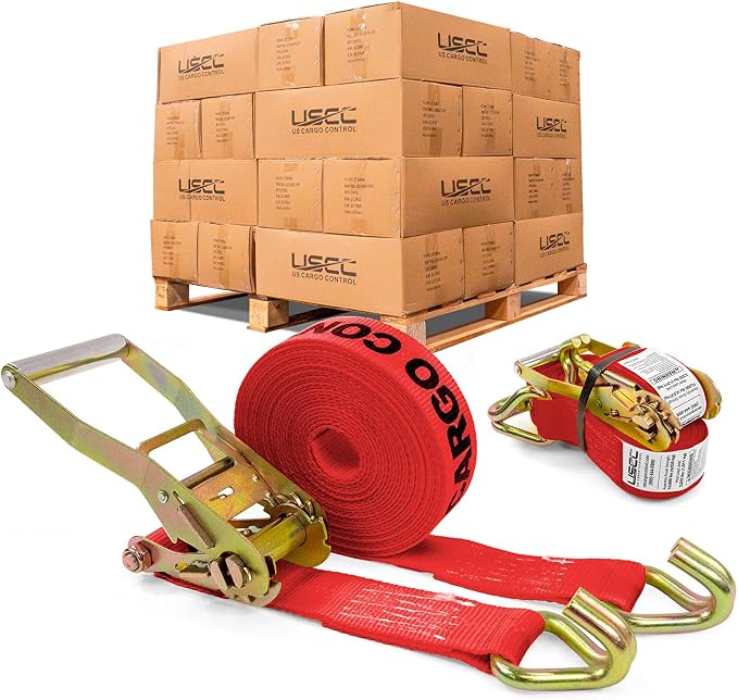 US Cargo Control Wire Hook Ratchet Straps 2 Inch x 30 Foot (320 Count Pallet), 10,000 LBS Break Strength, Ratchet Straps Heavy Duty with Double J Hooks, Red Cargo Tie Downs, Flatbed Trailers, Trucks