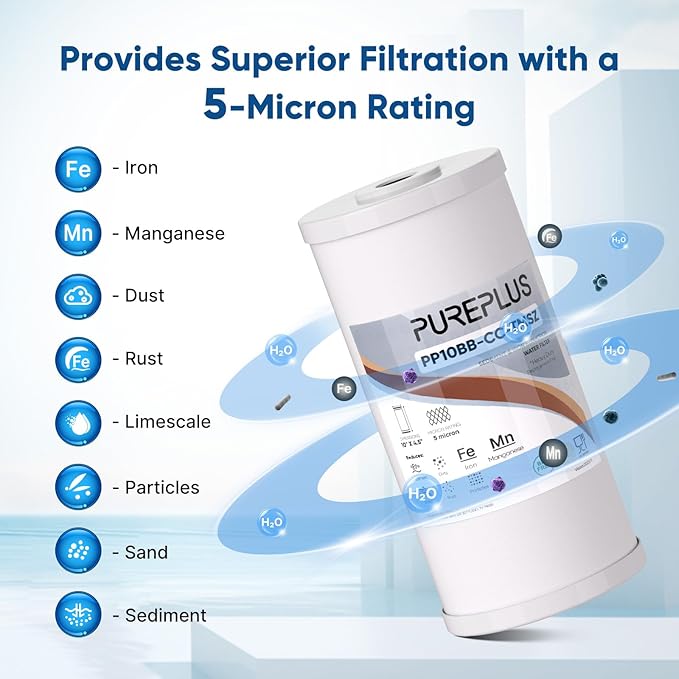 PUREPLUS 10" x 4.5" Whole House Iron Reducing Sediment Filter Compound for Well/TAP Water-Compatible with GE FXHTC, GXWH40L, GXWH35F, GNWH38S, Culligan RFC-BBSA, WRC25HD, Pentek RFC-BB,4Pack