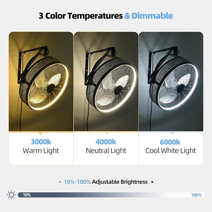AHAWILL 20" Wall Mounted Fan with Lights, 360° Adjustable Tilt,Garage Wall Mount Fan with Remote&APP, Plug in Wall Fan,6-Speed&Reversible Gazebo Fan,3CCT Dimmable&Timer for Toolroom,Patio,Warehouse