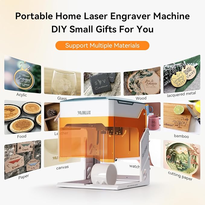 WAINLUXPRO Laser Engraver, 3000mW Engraving Machine, 0.01mm Precision, 80x80mm Work Area, WiFi & Offline Control, Class 1 Eye-Safe for Wood Leather Plastic Paper, DIY Tool