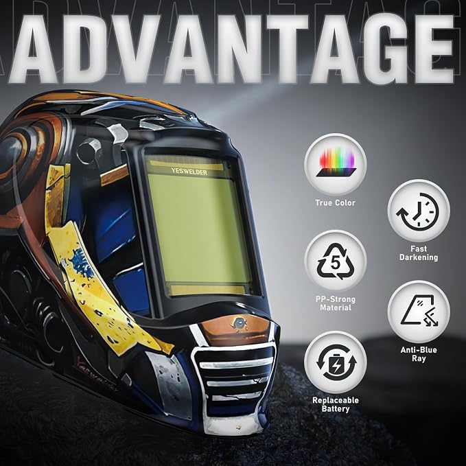 YESWELDER Large View Auto Darkening Welding Helmet, Blue Light Blocking, 1/1/1/1 True Color Solar Powered Welder Hood Mask with 4 Arc Sensors, Wide Shade 3/5-9/9-13 for TIG MIG ARC Cut and Grind