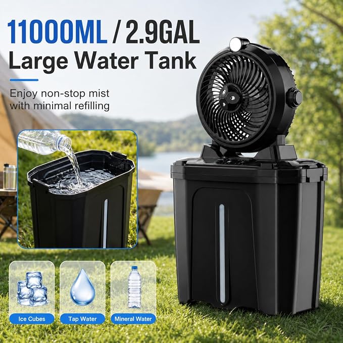 Portable Outdoor Misting Fan, 20000mAh Rechargeable Cordless Cooler with 11L Water Tank, 3-Speed Fan & 3 Fine Spray Outlets, LED Light – Battery Operated Fan for Camping, Golf, Garden & Travel