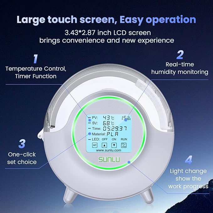 SUNLU Official Filament Dryer S2, for PLA PETG ABS Filament, White | Upgraded 3D Filament Dryer with 360°Heating Fan, Filament Dehydrator, One-Key Set with 4.6" Touch Sreen