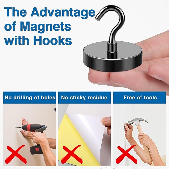 LOVIMAG Magnetic Hooks Heavy Duty, 170LBS, 12 Pack | Magnet with Hook for Cruise Cabins, Classroom, Kitchen Essentials, Door Decoration, Refrigerator, Black