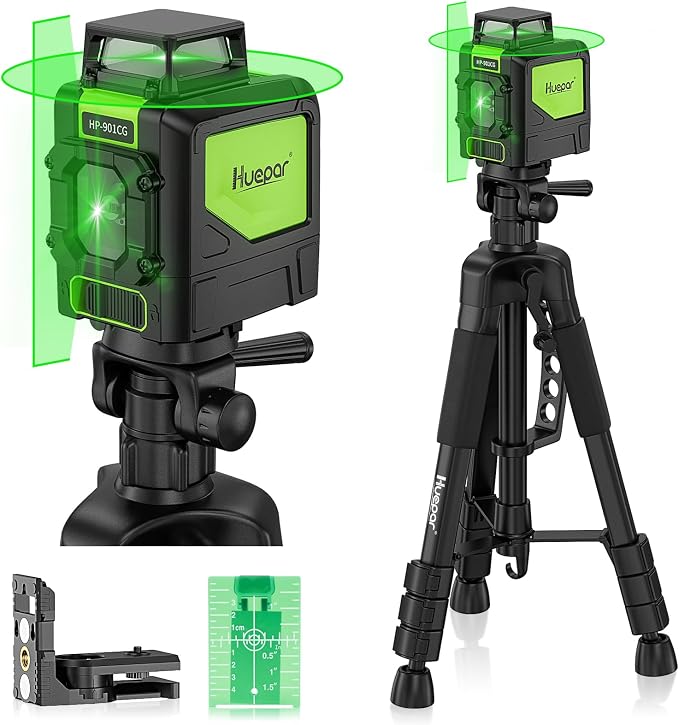 Huepar 901CG Green Laser Level with TPD14 56" Adjustable Laser Level Tripod, Alignment Self-Leveling Cross Line Laser Tool with 360-Degree Horizontal Line, Extendable Tripod with 3-Way Swivel Pan Head