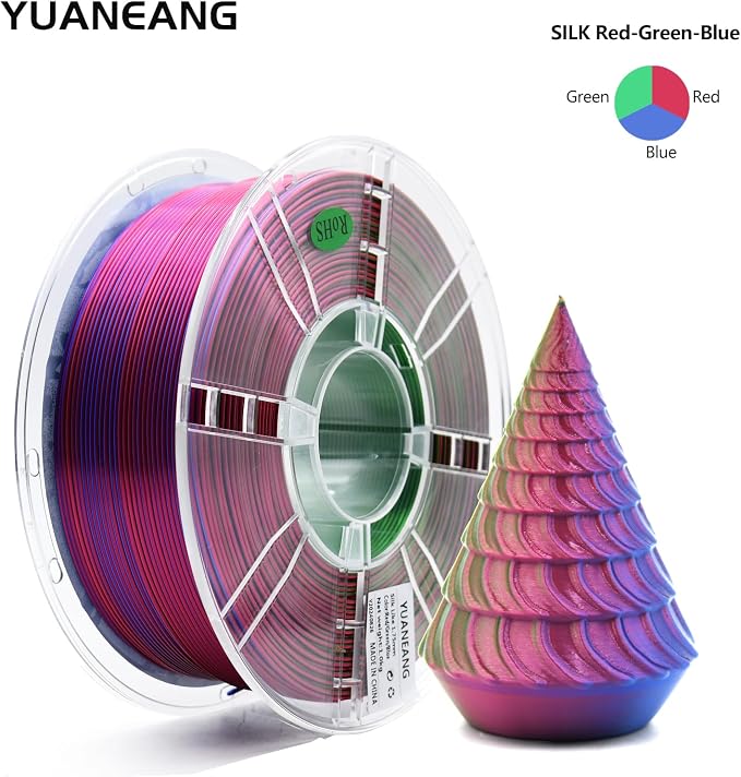 Silk Triple-Color PLA Filament 1.75mm Red-Green-Blue, ±0.03mm Precision, 1kg Spool (2.2 lbs), Smooth Multi-Tone Gradient PLA, Neatly Wound & Compatible with Most 3D Printers