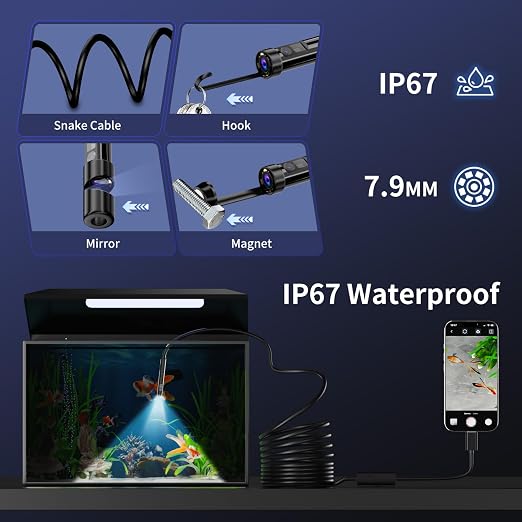 Endoscope Camera with Light, 1920P HD Borescope Inspection Camera with 8 Adjustable LEDs, IP67 Waterproof Semi-Rigid Snake Cable for Android, iPhone, and iPad(16.4ft, Dual Lens)