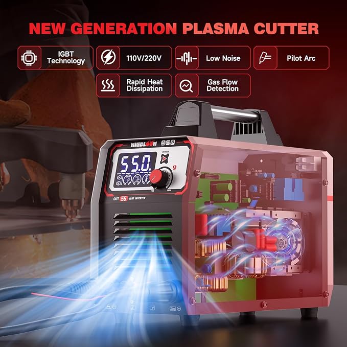 Plasma Cutter 55Amp Non Touch Pilot Arc Non-High Frequency,Non-Touch Dual Voltage 110V/220V Plasma Cutting Machine with LCD Screen IGBT Inverter 3/4'' Max Cut, Post Flow Mesh Cut 2T/4T