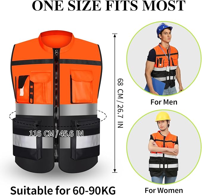 Safety Vest Two Tone for Men Women Work Vest with Pockets and Zipper Construction Workwear Vest