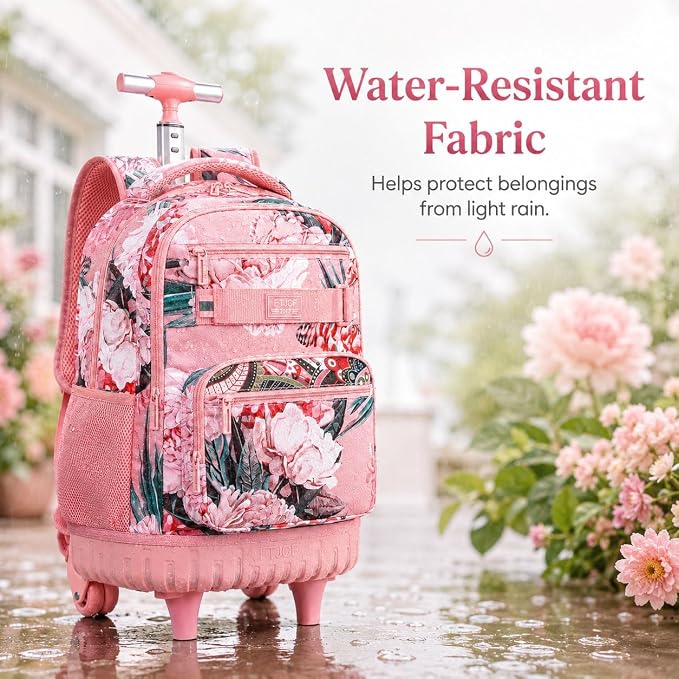 3Pcs Rolling Backpack for Girls Women, Travel Roller Backpacks with Wheels for Adults, Teens College Folwer Wheeled Bookbag with Lunch Box(Pink)