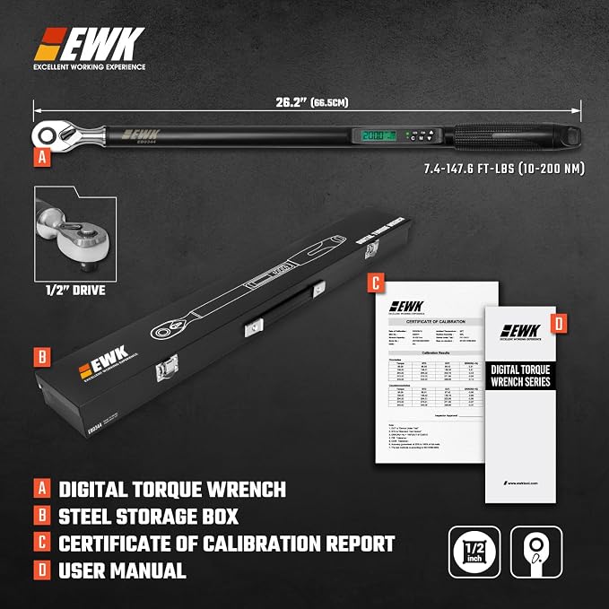 EWK 1/2 Inch Drive Digital Torque Wrench 7.4-147.6 ft-lbs (10-200 Nm) | IS0 6789, ±1.5% clockwise / ±2.5% counterclockwise, LCD Display, LED Buzzer Vibration Alert, 30 Memory Values