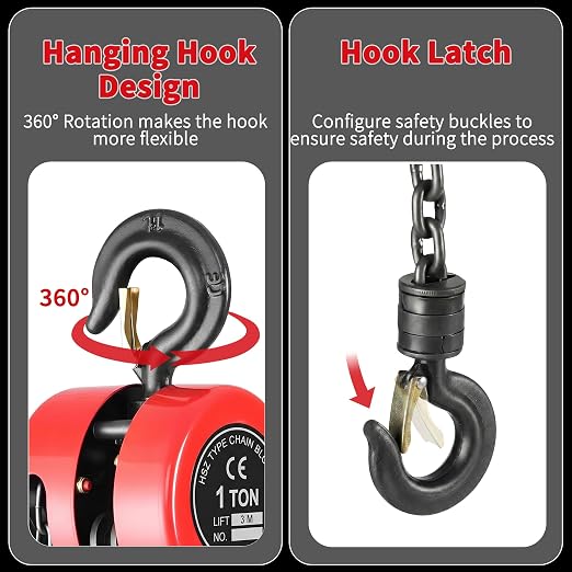 Manual Chain Hoist | 1 Ton/2000 lbs Capacity | 10’ Lift | 2 Hooks | Manual Hand Lift Steel Chain Block Hoist (1T-Red)