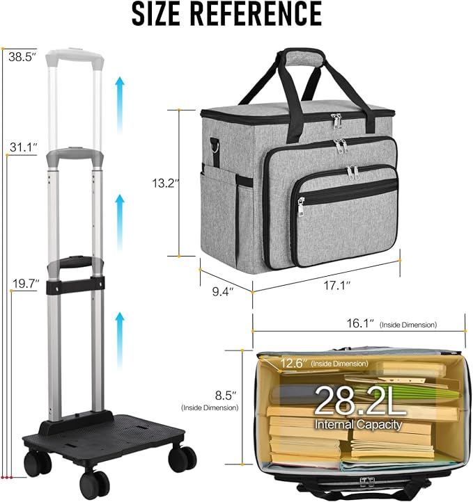 Rolling Teacher Tote Bag with Wheels Craft Storage Organizer Bag, Portable Wheeled Craft Cart for Teacher Art Office Scrapbook Supplies, Heavy Duty Multi-Purpose Rolling Tote Grey