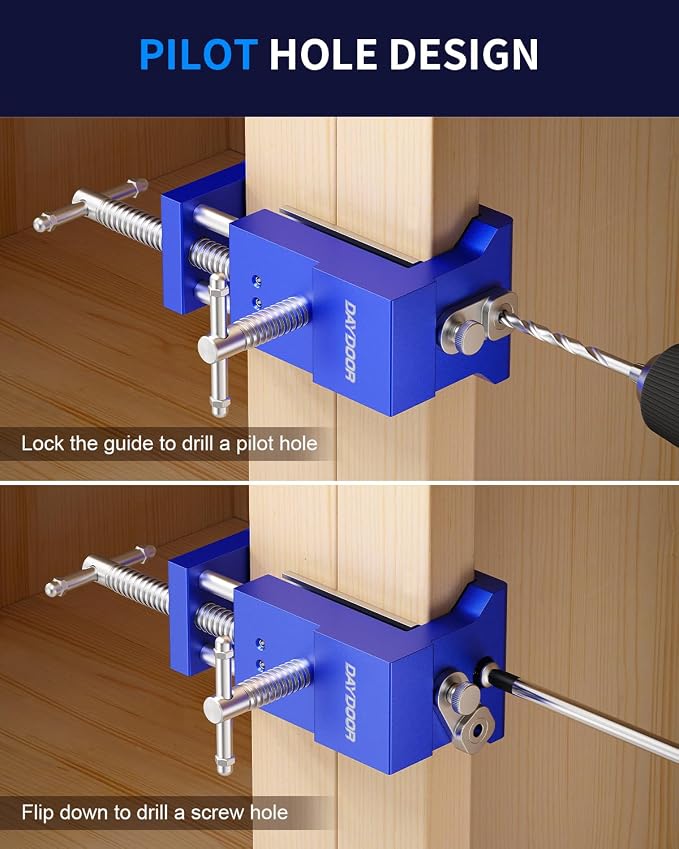 DAYDOOR Professional Cabinet Installation Clamps 2 Pack, Heavy Duty Face Frame Alignment Tool with Integrated Drill Guide & EVA Protection, Woodworking Claw Clamps, Blue