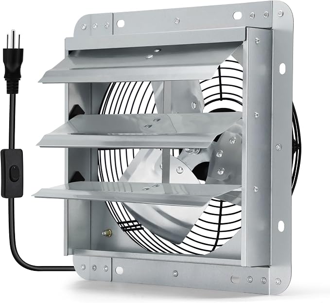 12 Inch Shutter Exhaust Fan, Wall Mount Attic Fan with Power Cord for Greenhouses, Sheds, Garages, Chicken Coops, Barns Ventilation, 970 CFM