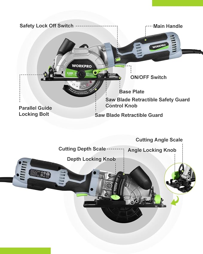 WORKPRO 5.8Amp 3500RPM Circular Saw with Parallel Guide, Maximum Cutting Depth 1-11/16''(90°),1-1/8''(45°), Compact Circular Saw with Three 4-1/2" Blades for Wood, PVC, Tile, Cement Block