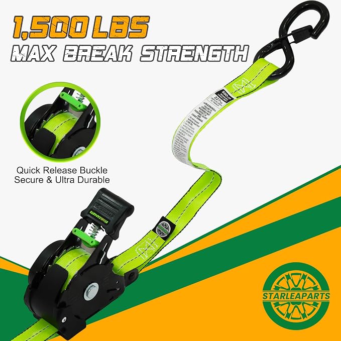 STARLEAPARTS Retractable Ratchet Straps,1500lbs Break Strength,1.0in X12ft | 4pk Retractable Tie Down Set, Auto Ratchet Strap for Motorcyle,Pickups, Kayak, Truck