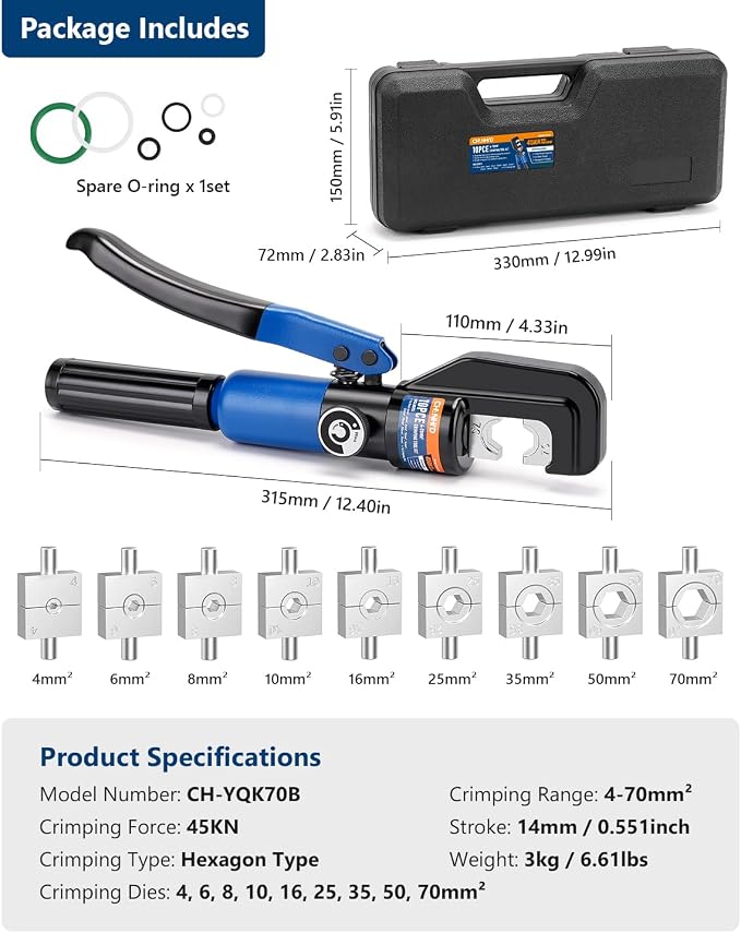 Hydraulic Wire Battery Cable Lug Terminal Crimper - 9 Dies for 12 AWG to 2/0 Electrical Terminal Cables Crimping Tool Kit