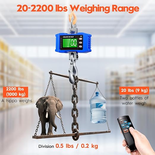 Digital Crane Scale 2200lb/1000Kg with Remote Control, Digital Hanging Scale with LCD Screen, Crane Scale Industrial Heavy Duty with Unit Change, High Precision Crane Scale for Market, Farm, Factory