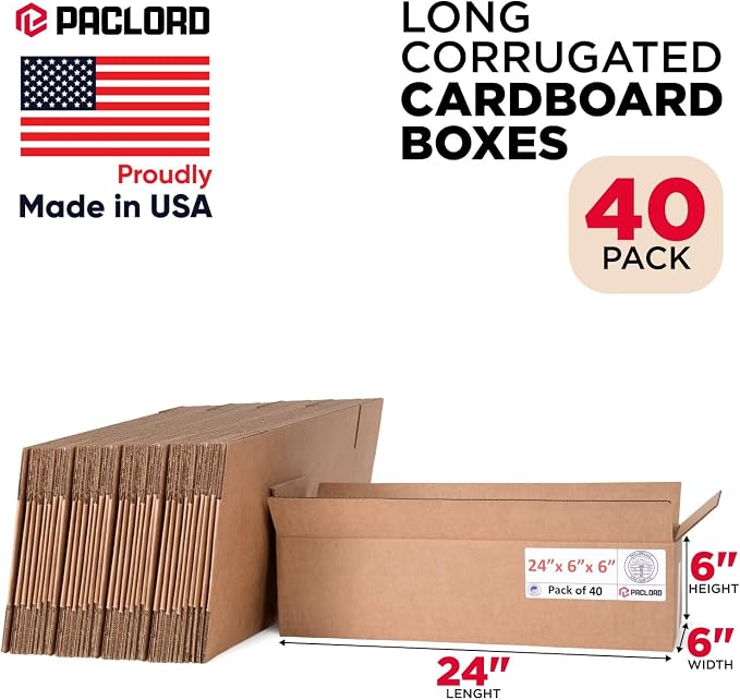 Long Cardboard Boxes 24"L x 6"W x 6"H (Pack of 40) - USA-Made Packing Boxes for Moving, Shipping, or Storage - USPS, UPS, FedEx Approved - Professional Packing Supplies for Moving | USA-Made Packing Boxes for Moving, Shipping, or Storage - USPS, UPS, F...