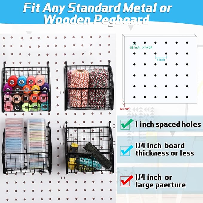 Reallnaive 6 Pack Black Pegboard Baskets Metal Wire Shelf Baskets 5.1 x 5.1 x 3.5 in Peg Board Organizer Accessories Wall Mount Organizer Bins for Tool Storage Craft Room Garage Workbench