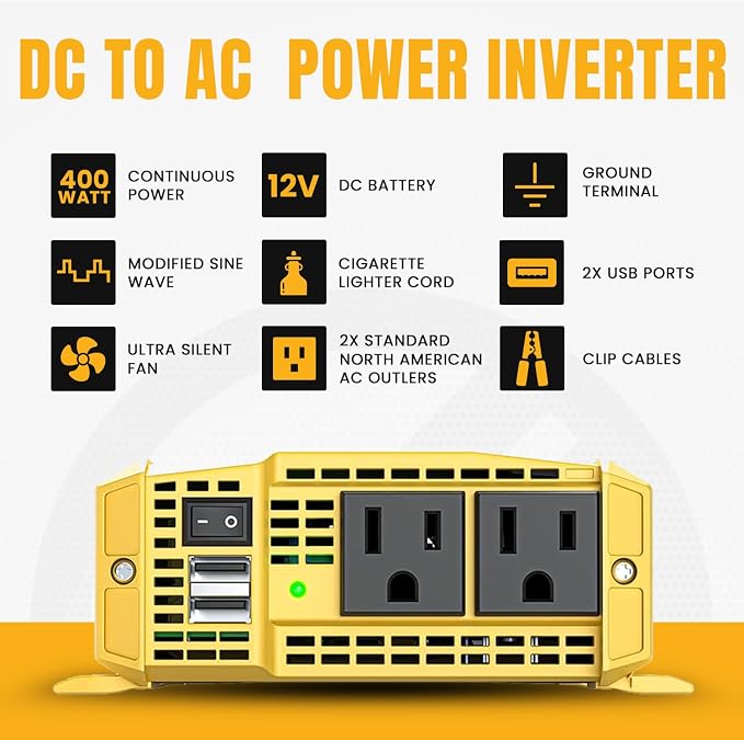 K KRIËGER 400 Watt 12V DC to 110V AC Car Power Inverter 2 Outlets, USB Ports, Cigarette Lighter Plug & Clamps for Vehicles, Road Trip Essentials Accessories- ETL Certified to UL & CSA Standard