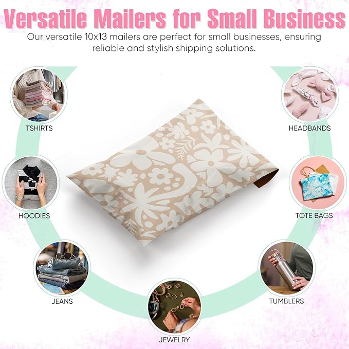 Package Mint Poly Mailers 10x13-100 Pack Boho Tropical Design Poly Mailer Shipping Bags - Waterproof, Tear-Resistant, Self-Adhesive Seal - Decorative Mailing Bags for Clothes and Accessories