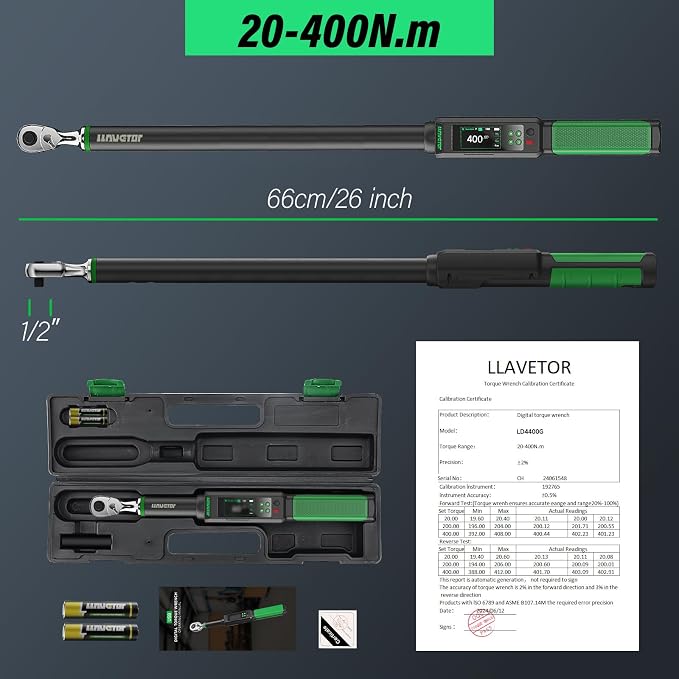 Digital Torque Wrench 1/2" Drive, 15-295 Ft-lbs/20-400Nm, ±2％ Torque Wrench with Buzzer & LED Indicator for Automotive Motorcycle & Bicycle (1/2-Inch, 15-295 Ft-lbs)