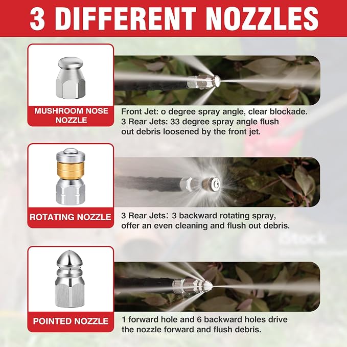 Sewer Jetter Kit 100FT for Pressure Washer, 5800 PSI Drain Cleaner Hose 1/4 Inch NPT with Spray Nozzle, Button Nose and Rotating Sewer Jetting Nozzle, Spanner Teflon Tape Pearl Corsage Pin