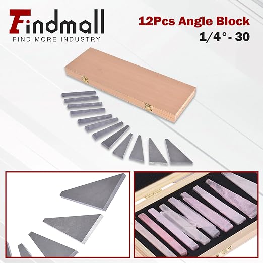 findmall 12Pcs Accuracy Angle Block Set Machinist Tool Angle Gauge Block 1/4°- 30°Lathes Milling Ground Gauge Angle Gage Inspection Block Set