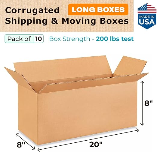 Long Shipping & Moving Boxes 20x8x8 inches (10-Pack) - Extra Strength 200 lb vs Regular - USA-Made Corrugated Packing Boxes for Moving - Heavy Duty Moving Box - Cardboard Box Moving by IDL Packaging