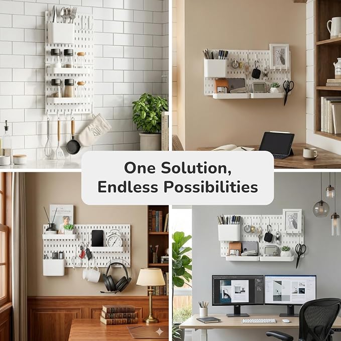 Keepo Peg Board Wall Organizer – Plastic Pegboard Panels, Modular Peg Board Storage System For Home Office, Craft Room, Gaming Setup (White, 22″×11″)