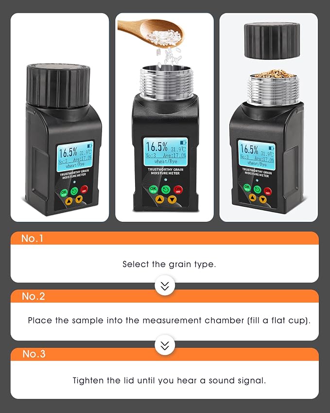 Grain Moisture Meter for 40 Crops, Digital Grain Moisture Tester with Temperature Display for Wheat, Barley, Corn, Oats, Canola, Soybeans