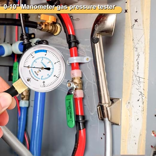 Manometer Gas Pressure Tester, Manometer LP Gas Pressure Tester Gauge 0-10" W.C, 1/8" NPT Fitting with Barbed Connection, 40" Hose