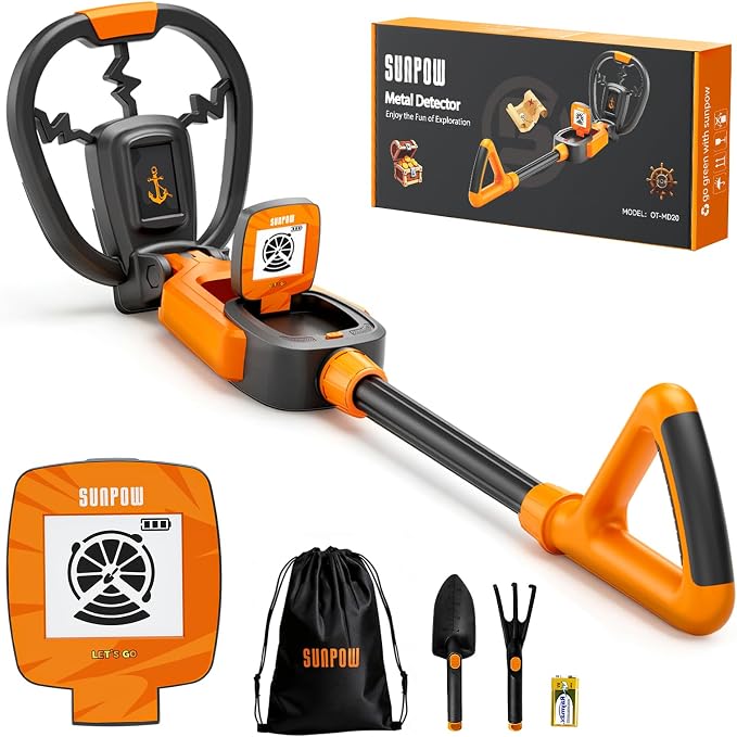 SUNPOW Kids Metal Detector with Treasure Animation & Waterproof Coil - Adjustable Stem (23.6”-27.6”) - Kit Includes Shovel, Rake, Bag - Ideal Gift for Boys & Girls 6-12 for Beach, Park, Backyard -MD20