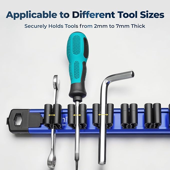 Reniteco 6-Piece Magnetic Socket Organizer and Magnetic Screwdriver Organizer Set, 1/4" 3/8" 1/2" Drive Aluminum Rail & 3-Piece Wrench Screwdriver Holder, Interchangeable Clips, Sockets Not Included