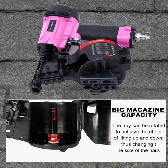 CN45N Roofing Nailer, 15 Degree Roofing Nail Gun, 3/4-Inch to 1-3/4-Inch Coil Nails, 120-pcs Load Capacity Coil Nailer in Pink