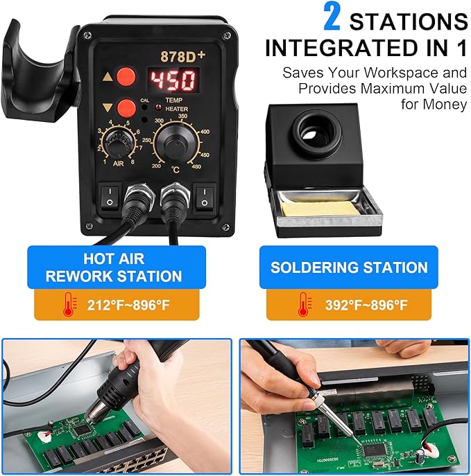 Beaiguna 2 in 1 Hot Air Rework Soldering Iron Station Kit, Precision Circuit Board Soldering Gun Kit, Rapid Heat up Solder Station, Upgrade Dual System Independent Control, Auto Sleep & Calibration
