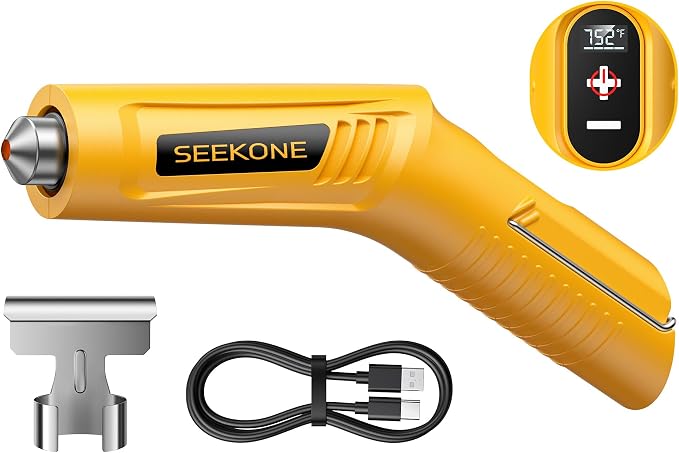SEEKONE Mini Cordless Heat Gun with 4-Temp Settings (Up to 752°F) and Memory Function, USB Rechargeable Hot Air Gun, Fast Heating with Reflector Nozzle for Crafting, 3d printing and Shrink Wrapping