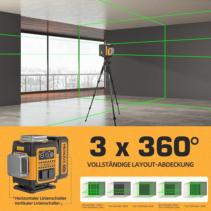 Laser Level 360 Self Leveling, 3 x 360 Self-Leveling Cross Line Laser 3D Green Laser Level for Construction and Picture Hanging, Rechargeable Li-ion battery, Hard Carry Case Included SZ03DG