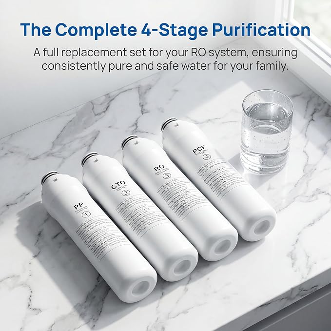ROPOT 4-Pack Replacement Filter Set Compatible with Bluevua RO100ROPOT RO100ROPOT-UV RO System (1 PP, 1 CTO, 1 RO, 1 PCF)
