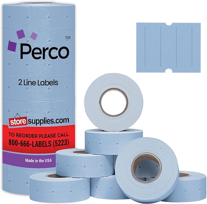 Perco 2 Line Blue Labels - 6,000 Blank Price and Date Gun Labels for Perco 2 Line Price and Date Guns - 8 Rolls, 1 Sleeve - Made in USA