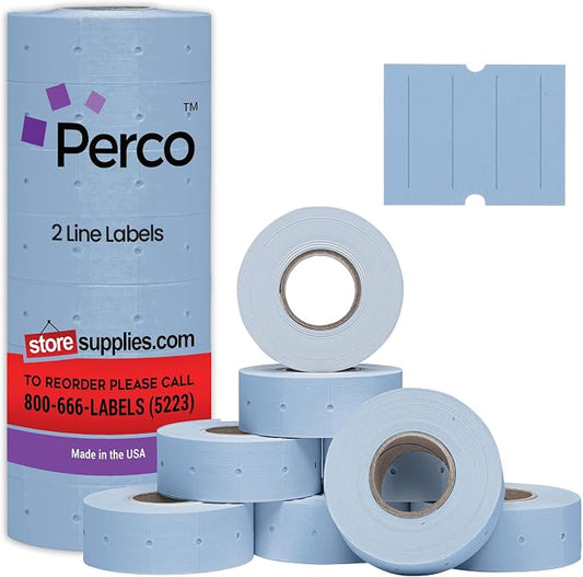 Perco 2 Line Blue Labels - 6,000 Blank Price and Date Gun Labels for Perco 2 Line Price and Date Guns - 8 Rolls, 1 Sleeve - Made in USA
