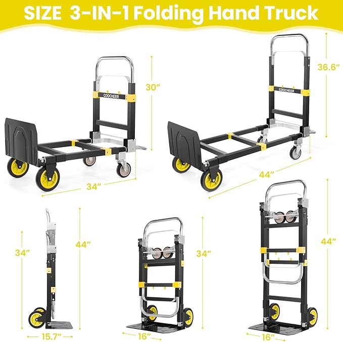 3-in-1 Convertible Heavy Duty Folding Hand Truck Dolly, 600LB Capacity with Rubber& Wheels Telescoping Handles, Portable Collapsible Cart for Warehouse, Supermarket, Office (Yellow)