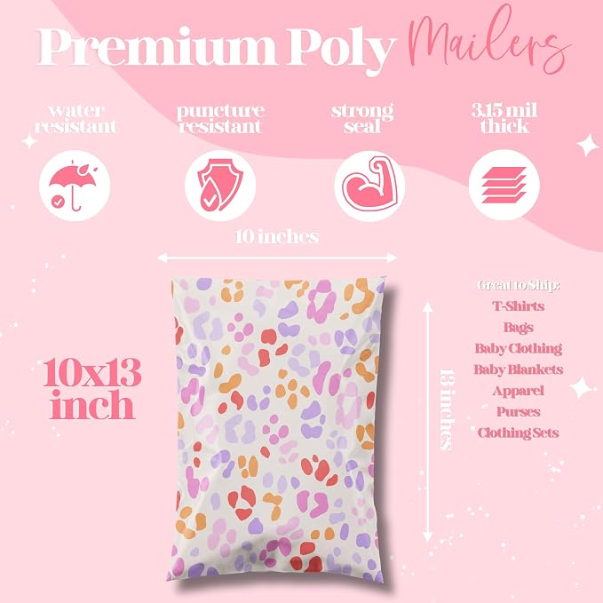 Pretty Package Store Designer Poly Mailers, 10x13, Preppy Leopard, 100 Pack | Heavy Duty, Waterproof, Self Seal, Tear Resistant, Shipping Bags for Small Business Packaging, Bulk Mailing Envelopes