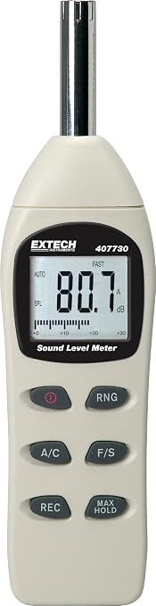 Extech 407730 Digital Sound Level Meter 40-130dB | 0.1dB resolution, 2dB accuracy, analog bargraph, max/min, max hold, auto power off, windscreen