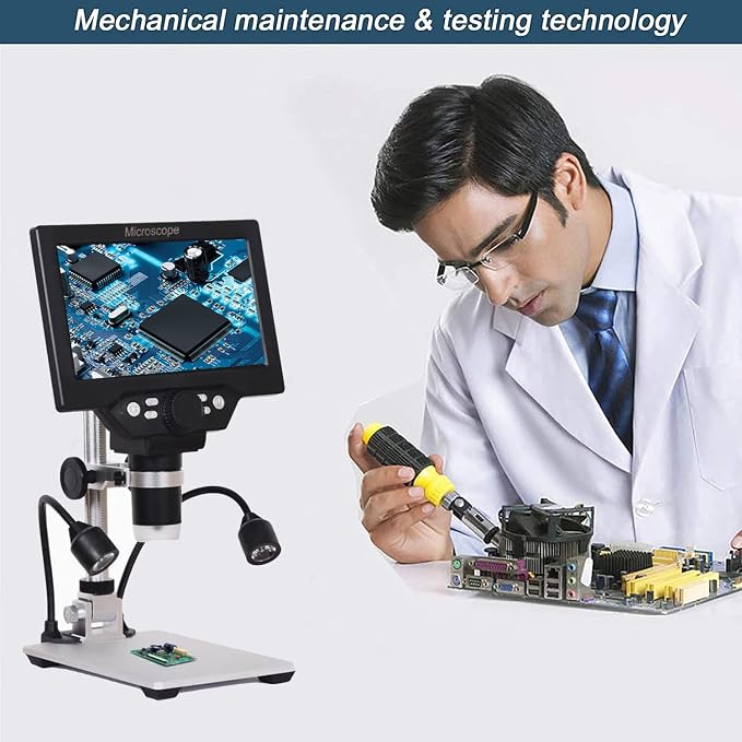 7" LCD Digital Microscope for Adults, 1200X Coin Magnifier with Screen, 12MP 1080P USB Camera, Metal Stand, 8 LED Lights, PC View for Soldering and PCB Repair
