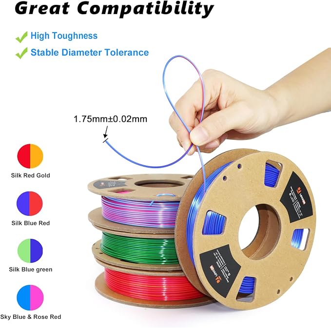 LOVOON 3D PLA Filament 1.75mm Bundle, Dual Colors 3D Printer Filament Bundle Color Change Silk PLA Filament Bundle, PLA Filament for 3D Printer 3D Pen, Dimensional Accuracy +/-0.02mm, 200g x 4 Spools