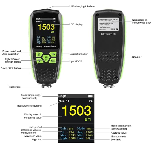Professional Paint Thickness Gauge, Digital Coating Thickness Gauge for Magnetic/Non-Magnetic Materials, Paint Depth Gauge with Voice Broadcast/Color HD Display, Car Coating Thickness Meter