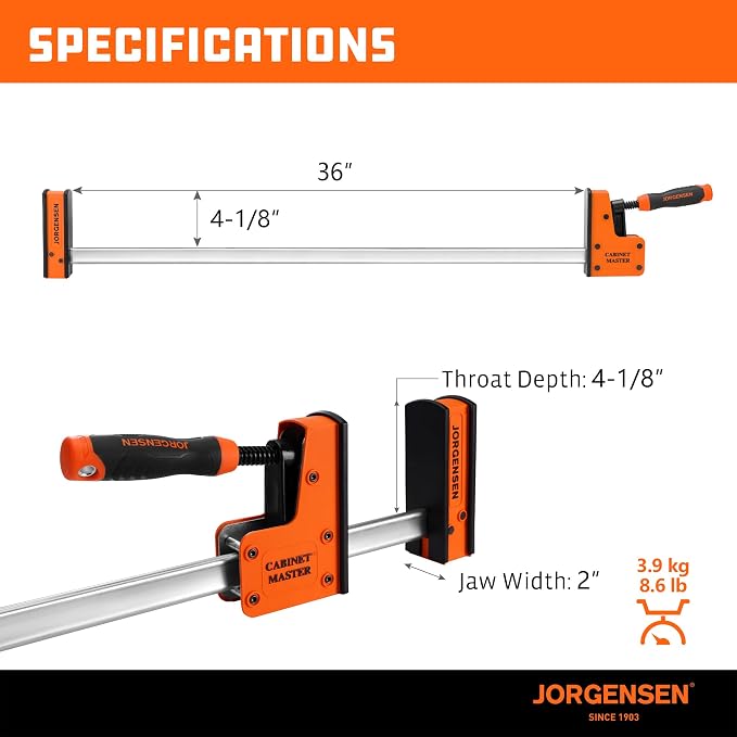 JORGENSEN 36-Inch Parallel Bar Clamps, Cabinet Master Bar Clamps, 2-Pack | Heavy-Duty Clamps for Woodworking Glue-Up, 2200 lbs Force, Quick Release, Spreader Function
